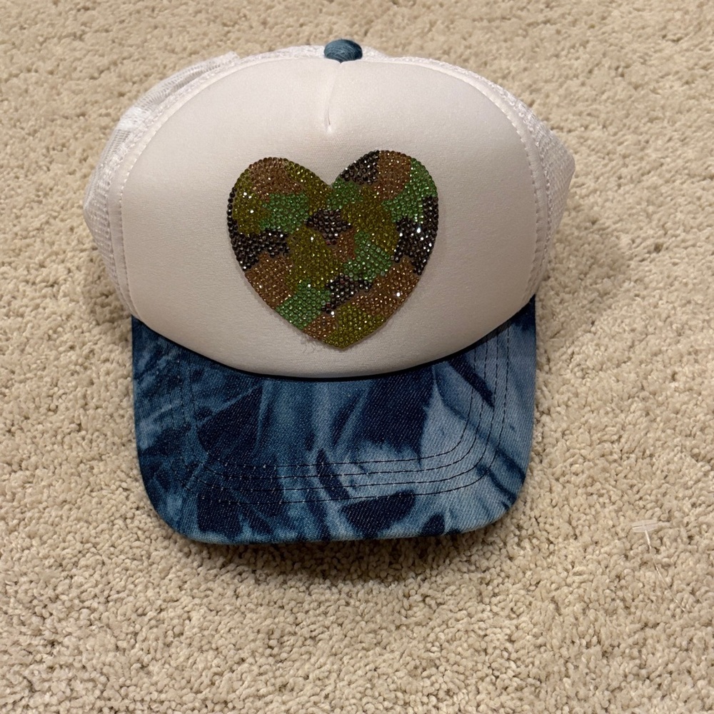 White and Blue Tie-Dye Cap with Camo Heart